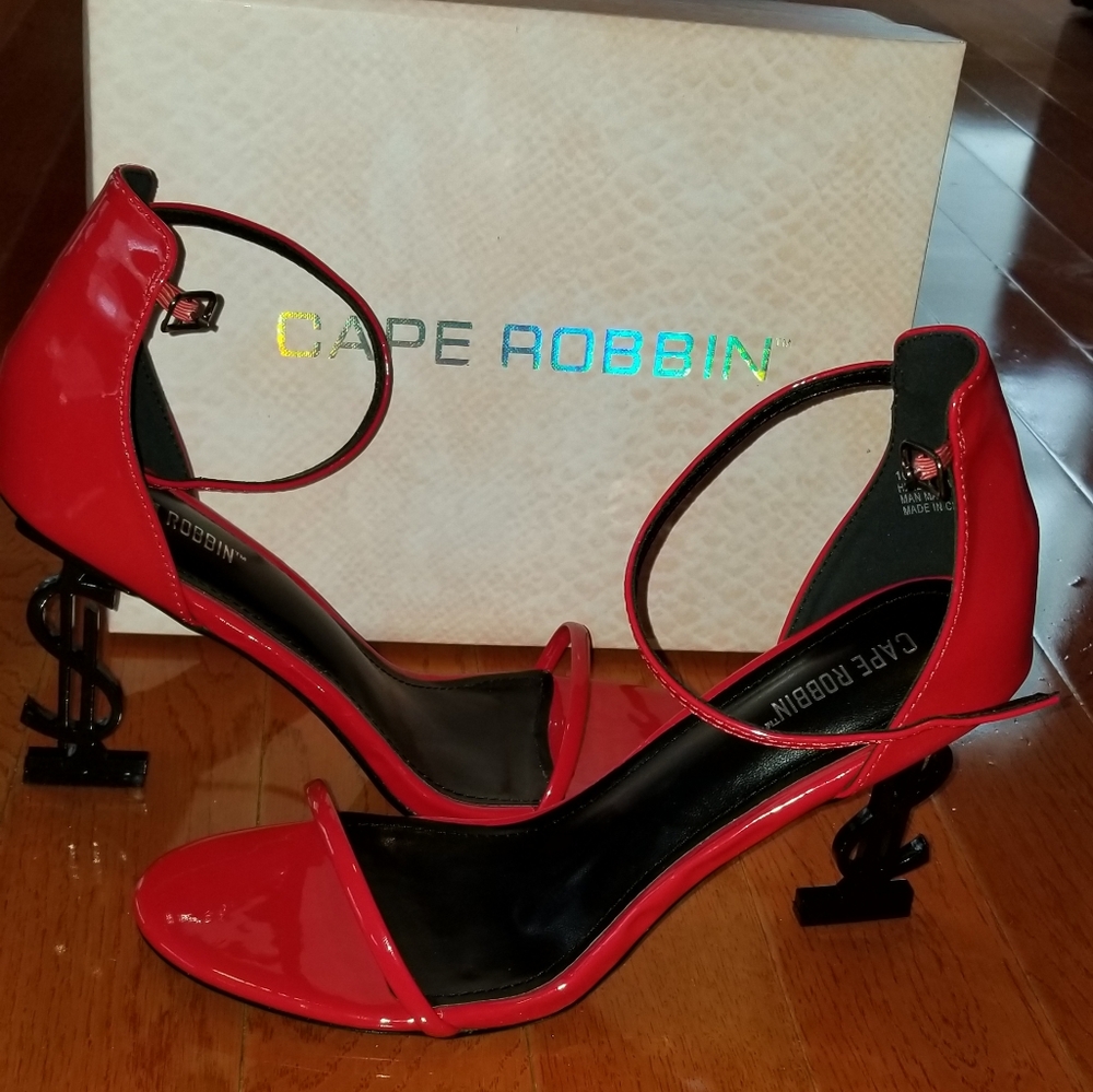Red patent money sign heels